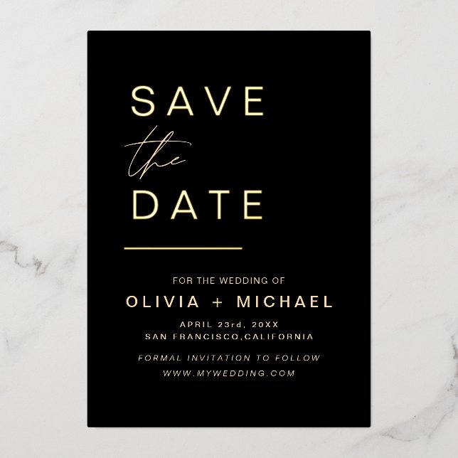 Black Gold Save the Date Elegant Photo Minimalist  Foil Invitation (Front)