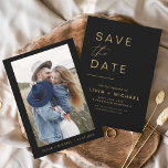Black Gold Save the Date Photo Minimalist Elegant<br><div class="desc">Black and Gold Wedding Save the Date Cards that have a photo on the front. The Save the Date cards contain a modern hand lettered cursive script typography that are elegant,  simple and modern to use after you minimalist simple wedding day celebration.</div>
