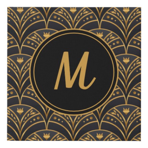 Black Gold Scallop Pattern Art Deco Monogram Faux Canvas Print