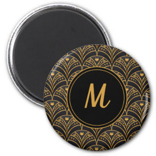 Black Gold Scallop Pattern Art Deco Monogram Magnet