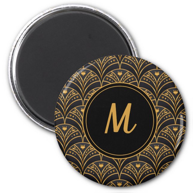 Black Gold Scallop Pattern Art Deco Monogram Magnet (Front)