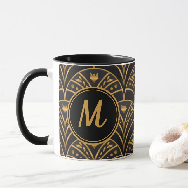 Black Gold Scallop Pattern Art Deco Monogram Mug (With Donut)