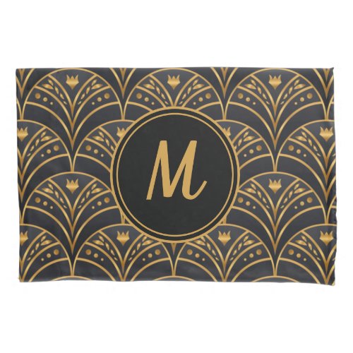 Black Gold Scallop Pattern Art Deco Monogram Pillow Case