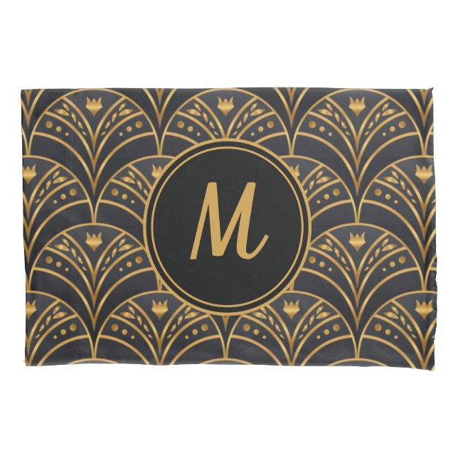 Black Gold Scallop Pattern Art Deco Monogram Pillow Case (Front)