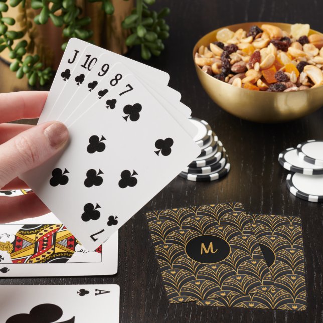 Black Gold Scallop Pattern Art Deco Monogram Poker Cards (In Situ)