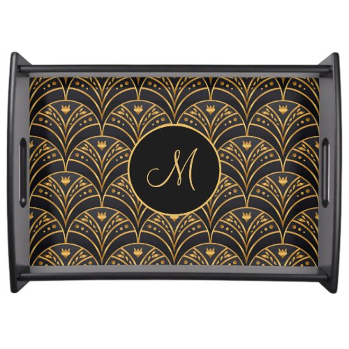 Black Gold Scallop Pattern Art Deco Monogram Serving Tray