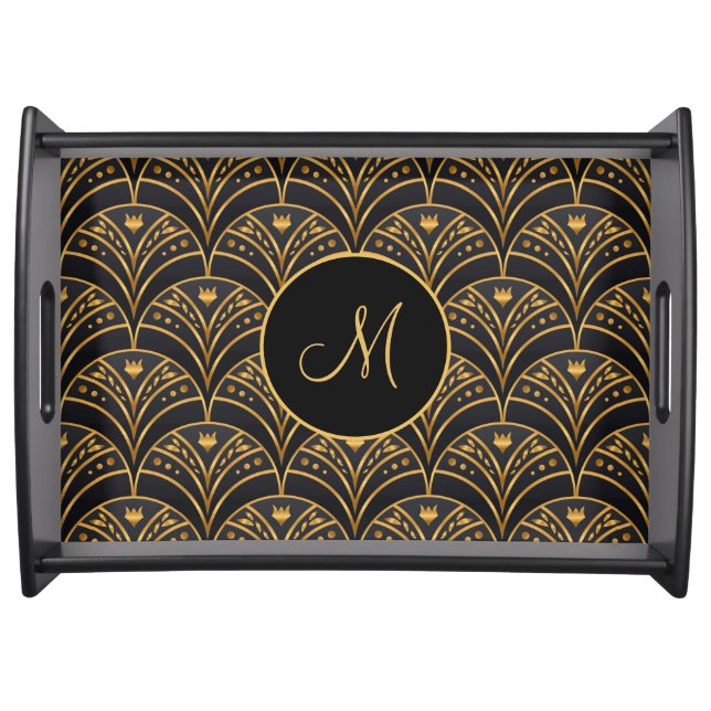 Black Gold Scallop Pattern Art Deco Monogram Serving Tray (Front)