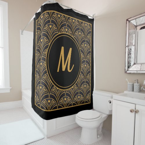 Black Gold Scallop Pattern Art Deco Monogram Shower Curtain