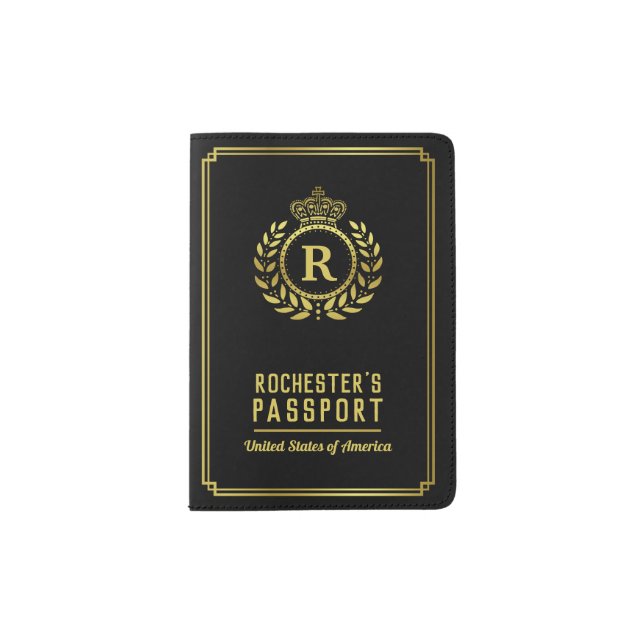 Black Gold Scallop Shells Classy Deco Scale Passport Holder (Front)