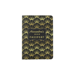 Black Gold Scallop Shells Classy Deco Scale Passport Holder