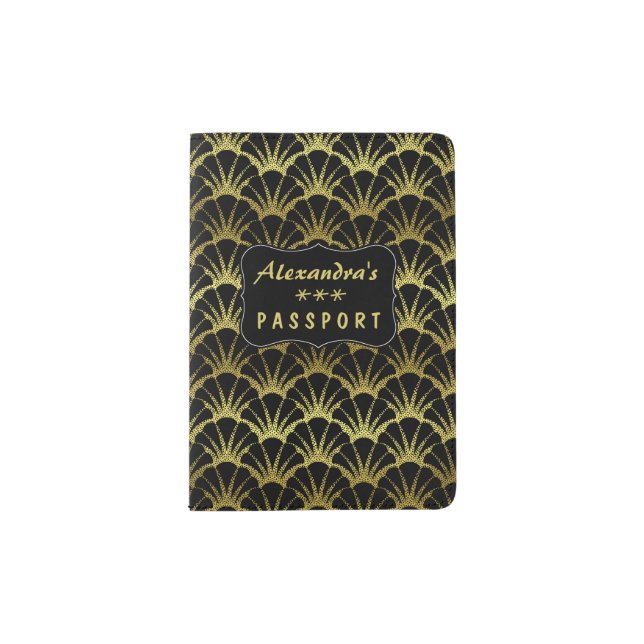 Black Gold Scallop Shells Classy Deco Scale Passport Holder (Front)