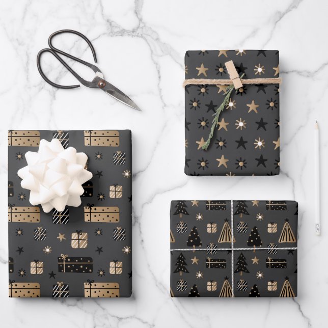Black Gold Scandinavian Christmas on Black Wrapping Paper Sheets (Front)