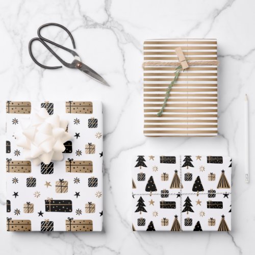 Black Gold Scandinavian Christmas Pattern on White Wrapping Paper Sheets