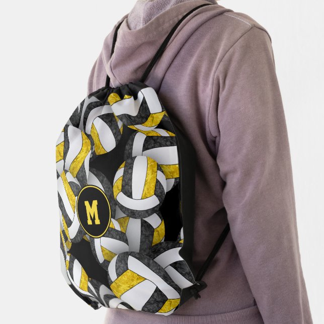 black gold school colors girly volleyballs drawstring bag (Insitu)