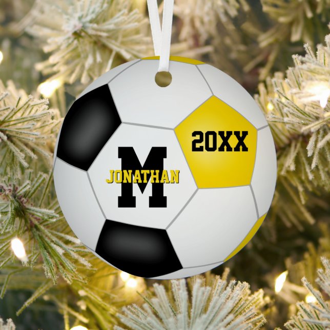 black gold school sports keepsake soccer metal ornament (Insitu)
