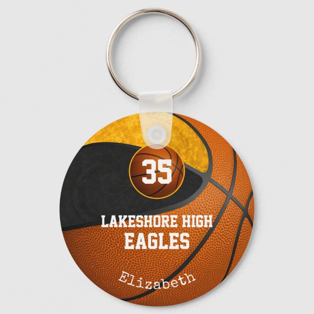 black gold school team spirit girls' basketball keychain (Front)
