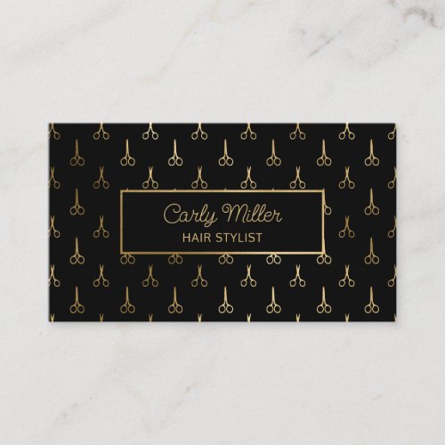 Black  Gold Scissor Pattern Hair Stylist Salon  Business Card