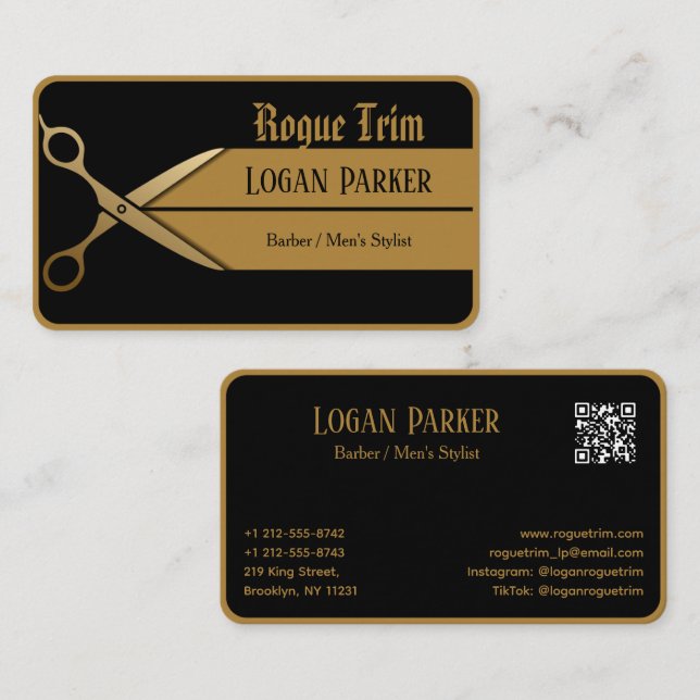 Black Gold Scissors Modern Barber Business Card (Front/Back)