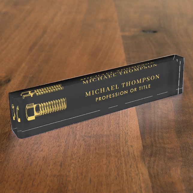 Black & Gold Screw Construction Industry Desk Name Plate (Side)
