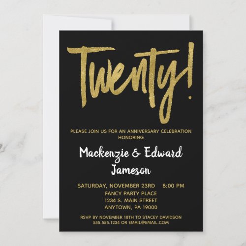 Black Gold Script 20th Anniversary Invitation