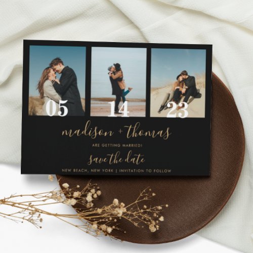 Black Gold Script 3 Photo Wedding Save The Date Magnetic Invitation