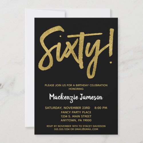 Black Gold Script 60th Birthday Party Invitation