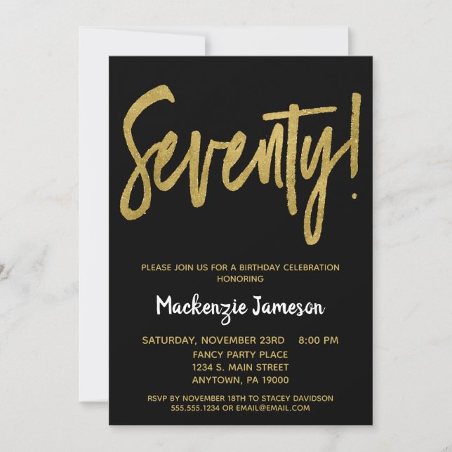 Black Gold Script 70th Birthday Party Invitation (Front)