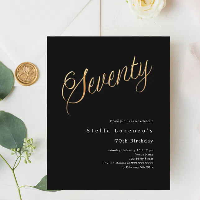 Black gold script budget 70th birthday invitation | Zazzle