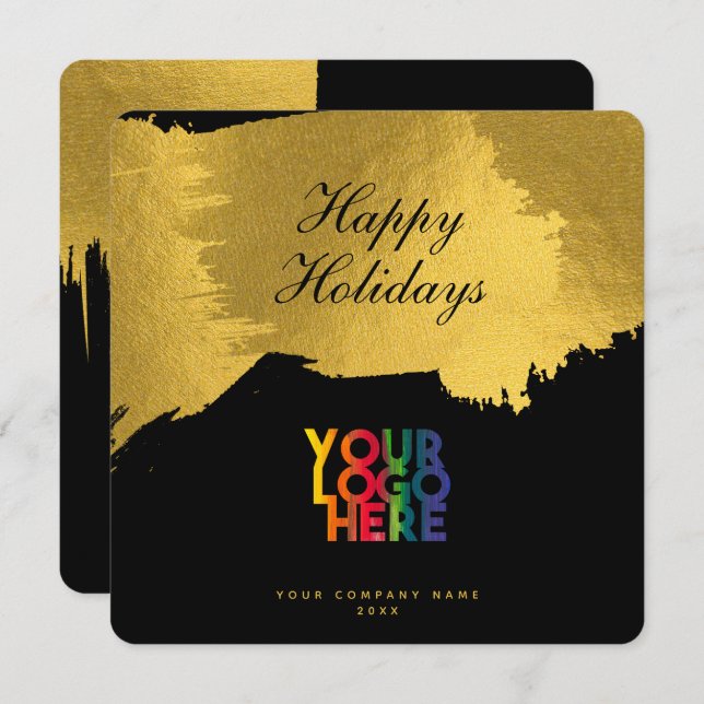 Black Gold Script Business Logo Christmas Card (Front/Back)