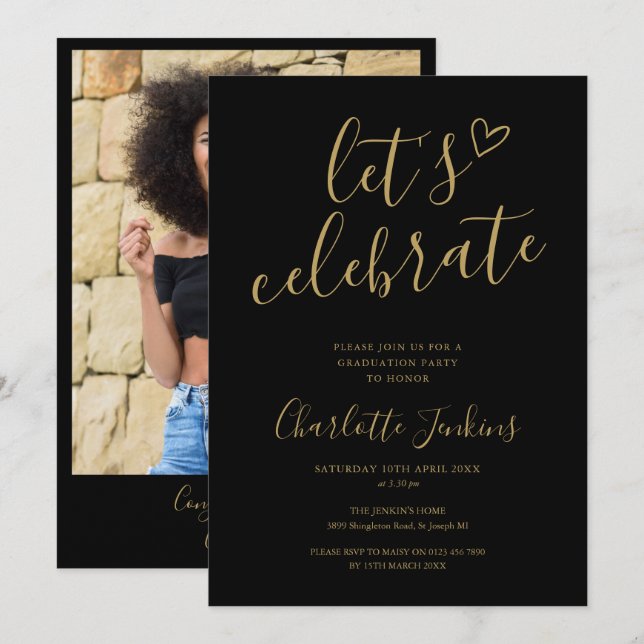 Black Gold Script Celebrate Photo Graduation Party Invitation (Front/Back)