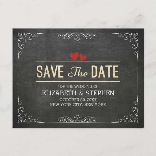Black Gold Script Chalkboard Wedding Save the Date Announcement Postcard