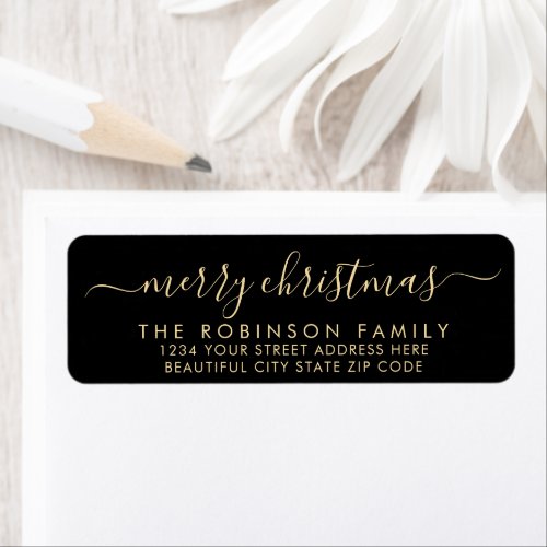 Black Gold Script Christmas Return Address Label