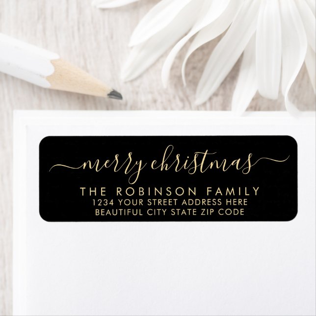 Black Gold Script Christmas Return Address Label (Insitu)