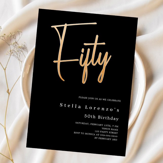 Black gold script elegant 50th birthday invitation (Creator Uploaded)
