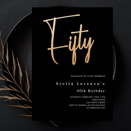 Black gold script elegant 50th birthday luxury invitation