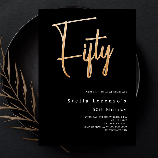 Black gold script elegant 50th birthday luxury invitation (Creator Uploaded)