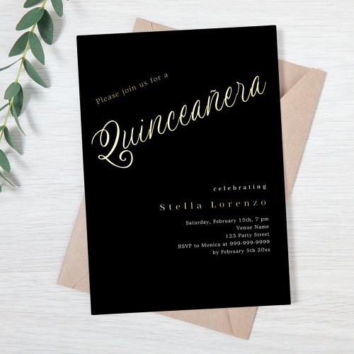 Black gold script elegant Quinceanera Foil Invitation