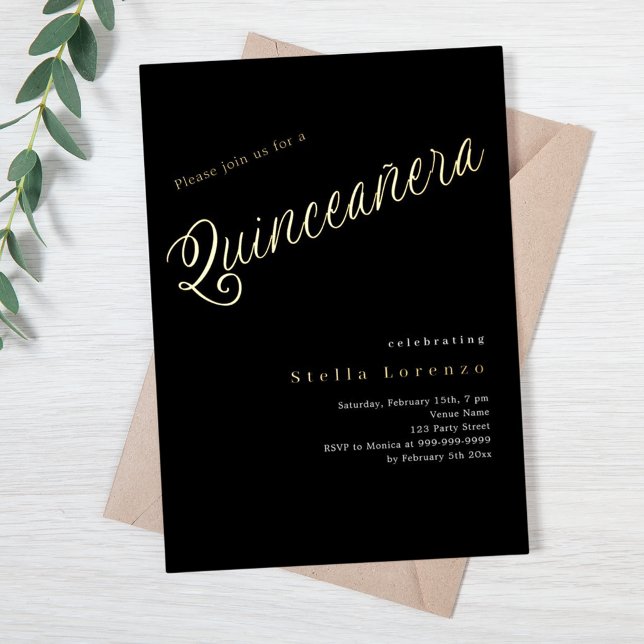 Black gold script elegant Quinceanera Foil Invitation (Creator Uploaded)