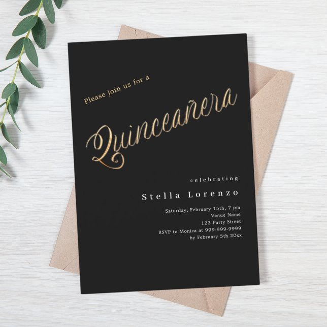 Black gold script elegant Quinceanera luxury Invitation (Creator Uploaded)