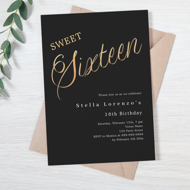 Black gold script elegant Sweet 16 Invitation (Creator Uploaded)