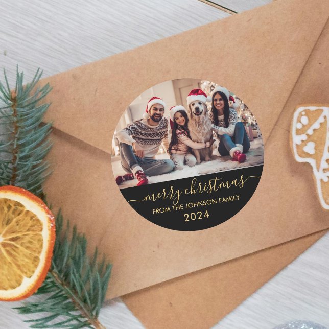 Black Gold Script Family Photo Merry Christmas Classic Round Sticker (Creator Uploaded)
