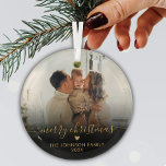 Black Gold Script Family Photo Merry Christmas Glass Ornament<br><div class="desc">Elegant Hand Lettered Black and Gold "Merry Christmas" Script Family Photo Ornament. Features your favorite family photo, "Merry Christmas" calligraphy text in handwritten script, little heart motif, family name and year in gold font color on black gradient photo overlay. Easy to personalize it. Photo tip: crop your photo to square...</div>