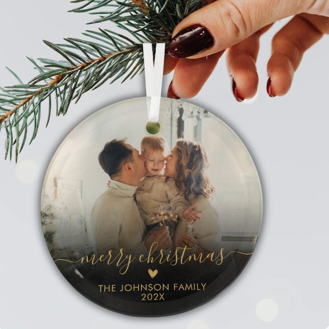 Black Gold Script Family Photo Merry Christmas Glass Ornament (Creator Uploaded)