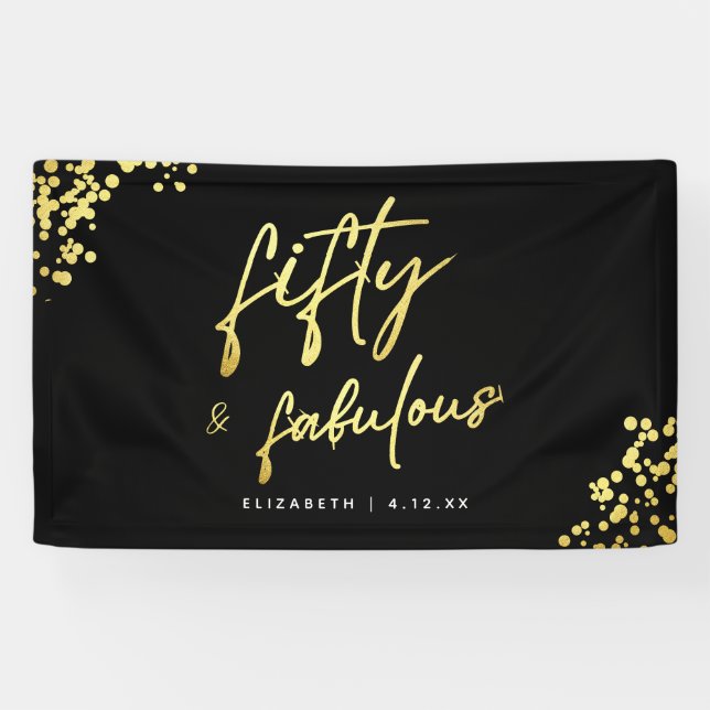 Black Gold Script Fifty and Fabulous Birthday Banner (Horizontal)