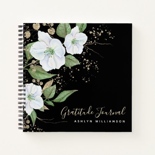 Black Gold Script Floral Watercolor Chic Gratitude Notebook