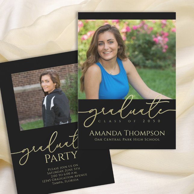 Black & Gold Script Graduation Photo Design Invitation (Creator Uploaded)