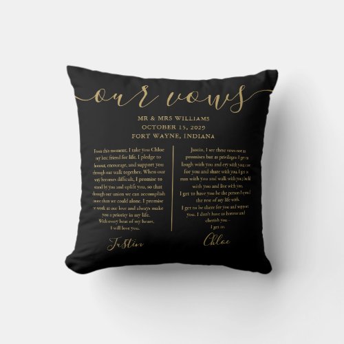 Black Gold Script His And Hers Photo Wedding Vows Throw Pillow