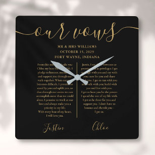 Black Gold Script His And Hers Wedding Vows Square Wall Clock