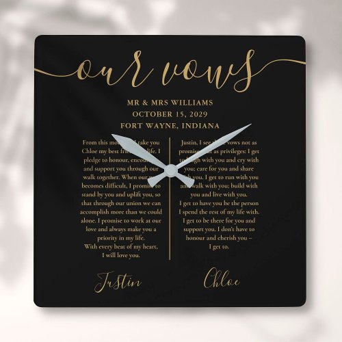Black Gold Script His And Hers Wedding Vows Square Wall Clock