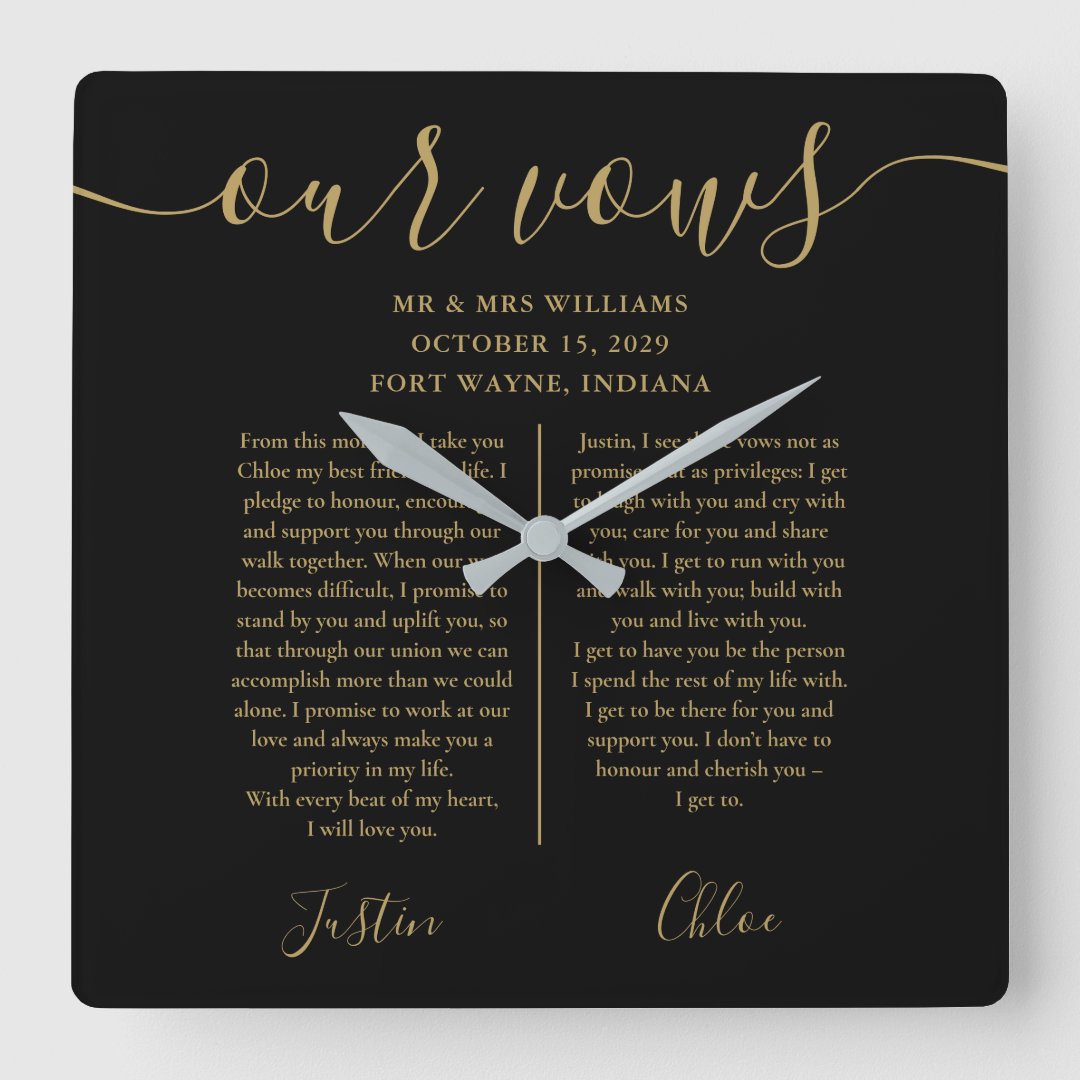 Black Gold Script His And Hers Wedding Vows Square Wall Clock | Zazzle